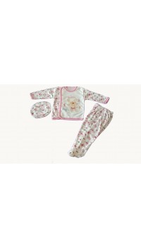 Beyzi Kız Bebek Pijama Takımı Ayaklı Şapkalı 3 Parça 0-3 Aylık