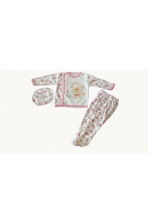 Beyzi Kız Bebek Pijama Takımı Ayaklı Şapkalı 3 Parça 0-3 Aylık
