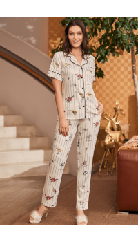 Mecit 5253 Bayan Önden Düğmeli Çiçekli Kısa Kollu Pijama Takımı