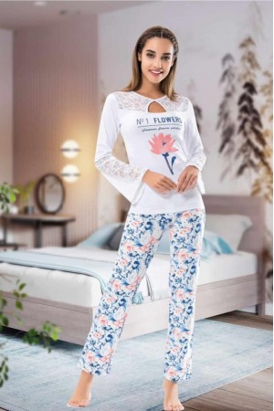 Derya Kurşun Uzun Kol Dantelli Kadın Pijama Takım 1115