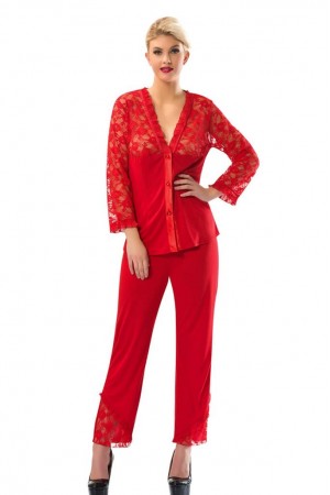Sistina Bayan Kırmızı Dantelli Penye Uzun Kol Pijama Takımı 1570