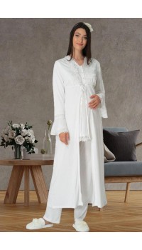 Mecit 1517 Bayan Hamile Lohusa Ekru Sabahlıklı Pijama Takımı
