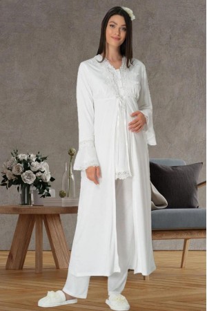Mecit 1517 Bayan Hamile Lohusa Ekru Sabahlıklı Pijama Takımı