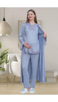 Mecit 1517 Bayan Hamile Lohusa Mavi Sabahlıklı Pijama Takımı