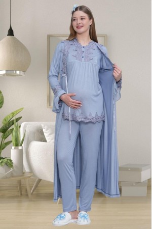 Mecit 1517 Bayan Hamile Lohusa Mavi Sabahlıklı Pijama Takımı