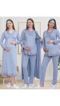 Mecit 1519 Bayan Hamile Lohusa Mavi Sabahlık Gecelik Pijama Seti