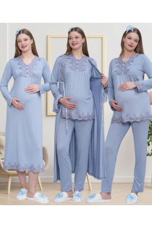 Mecit 1519 Bayan Hamile Lohusa Mavi Sabahlık Gecelik Pijama Seti