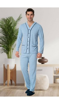 Mecit 22767 Erkek Mavi Önden Düğmeli Büyük Beden Pijama Takımı