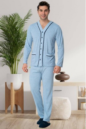 Mecit 22767 Erkek Mavi Önden Düğmeli Büyük Beden Pijama Takımı