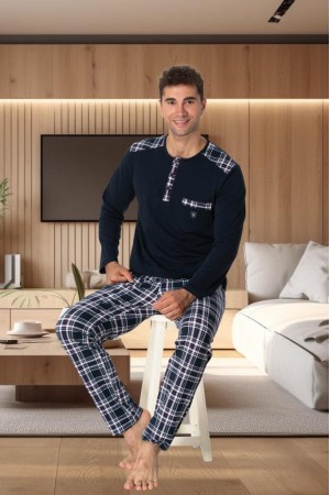 Mecit 2796 Erkek Lacivert Ekoseli Büyük Beden Pijama Takımı