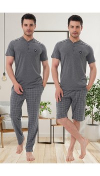 Mecit 2980 Füme Büyük Beden 3 Parça Erkek Şortlu Pijama Takımı