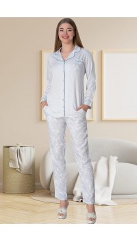 Mecit 5143 Bayan Mavi Boydan Düğmeli Uzun Kollu Pijama Takımı