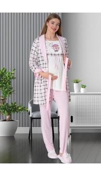 Mecit 5802 Bayan Hamile Lohusa Pembe Ekose Sabahlık Pijama Takımı