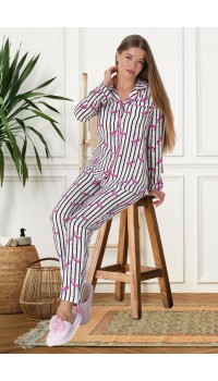 Mecit 5923 Bayan Flamingo Desenli Boydan Düğmeli Pijama Takımı