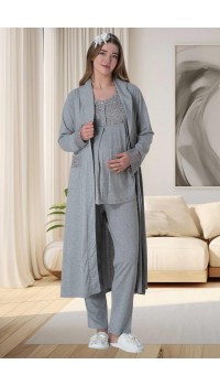 Mecit 6003 Bayan Hamile Lohusa Gri Sabahlıklı Pijama Takımı
