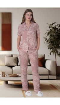 Mecit 6014 Pudra Çiçek Desenli Boydan Düğmeli Kadın Pijama Takımı