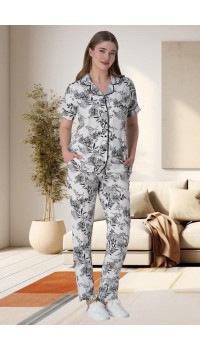 Mecit 6015 Çiçek Desenli Boydan Düğmeli Kadın Pijama Takımı