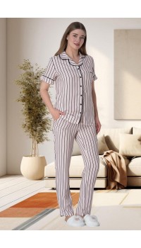 Mecit 6016 Pembe Çizgili Boydan Düğmeli Kadın Pijama Takımı